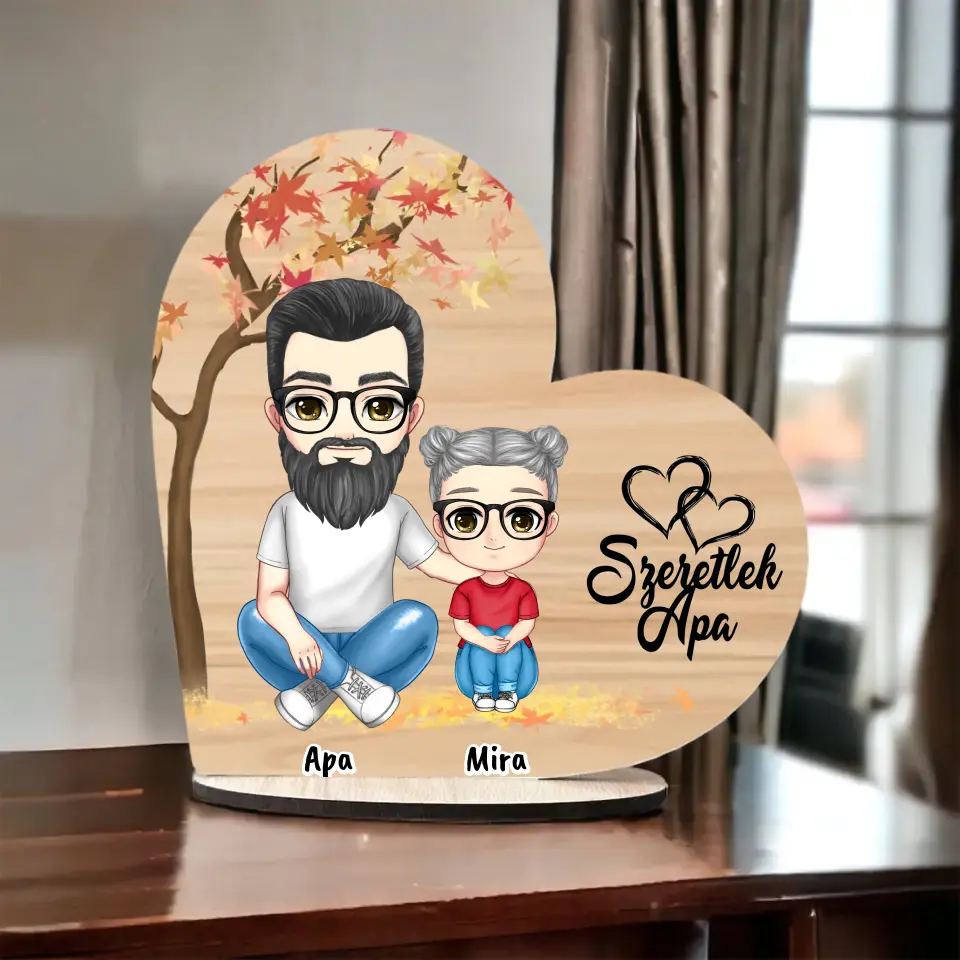 Apák napi Fa Asztali Dísz - Apa és akár 3 gyermek - Személyre szabható karakterekkel