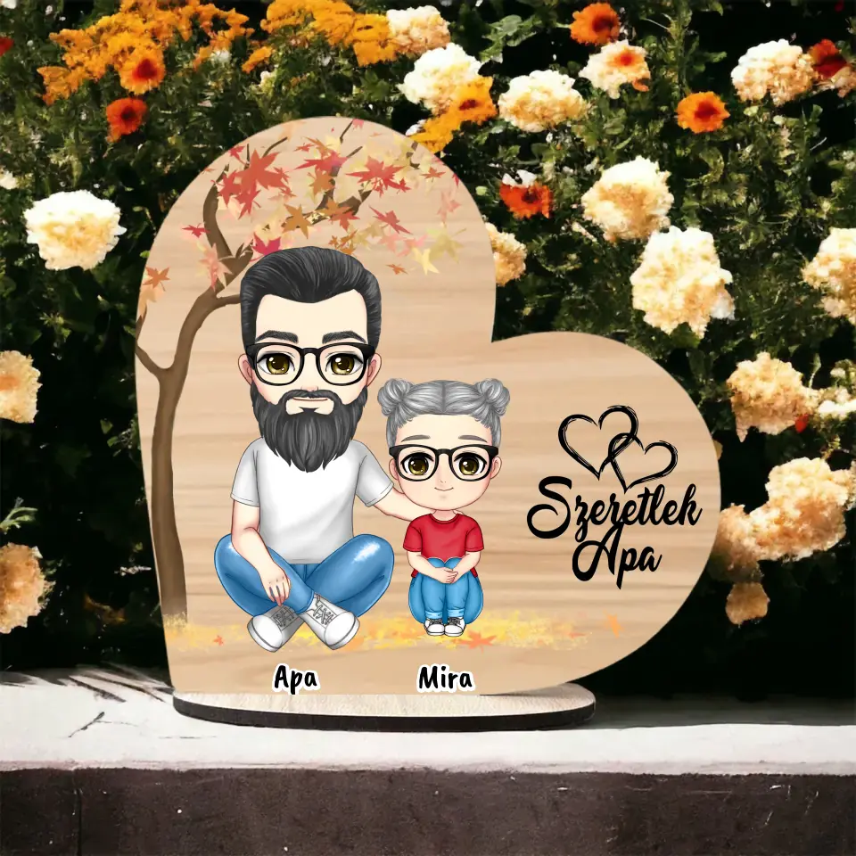 Apák napi Fa Asztali Dísz - Apa és akár 3 gyermek - Személyre szabható karakterekkel