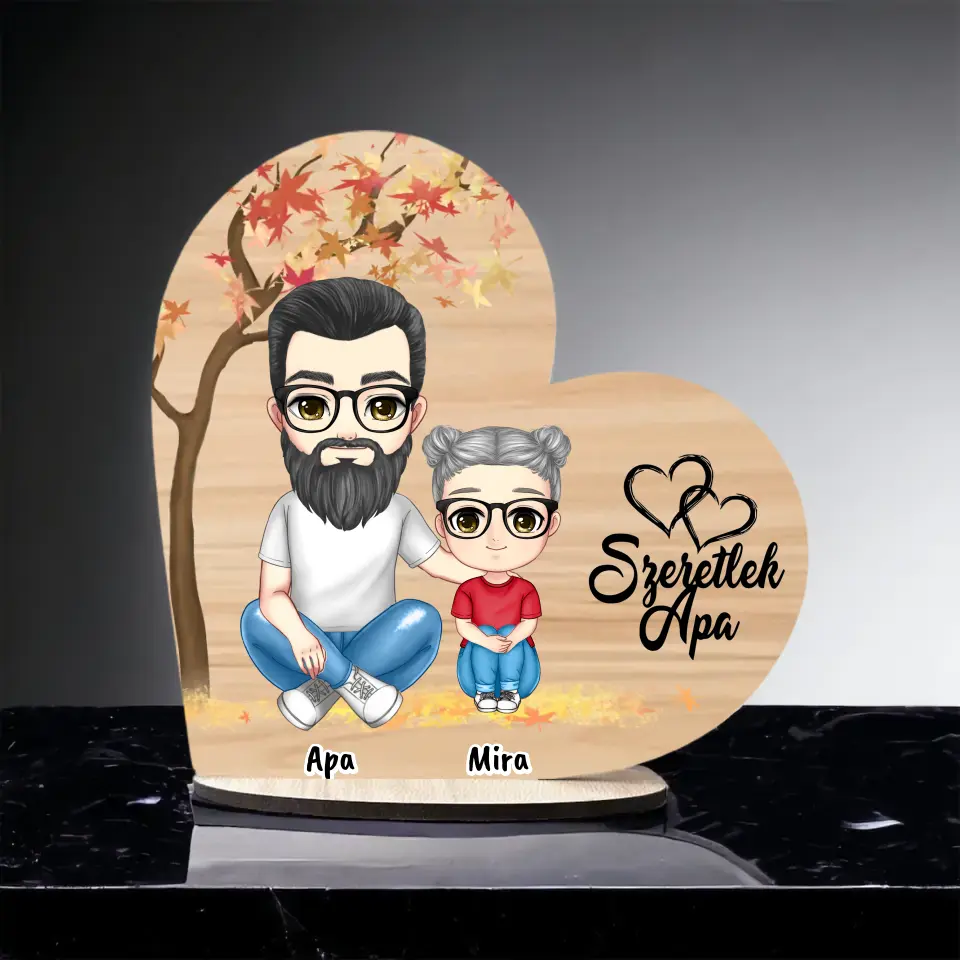 Apák napi Fa Asztali Dísz - Apa és akár 3 gyermek - Személyre szabható karakterekkel