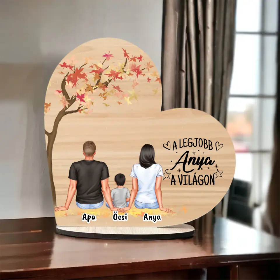 Anyák napi Fa Asztali Dísz - Anya, Apa és akár 3 gyermek - Személyre szabható karakterekkel