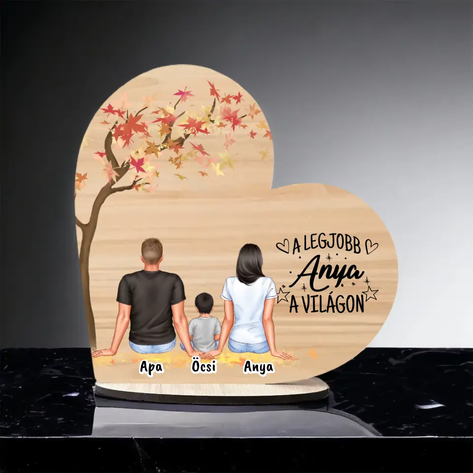 Anyák napi Fa Asztali Dísz - Anya, Apa és akár 3 gyermek - Személyre szabható karakterekkel
