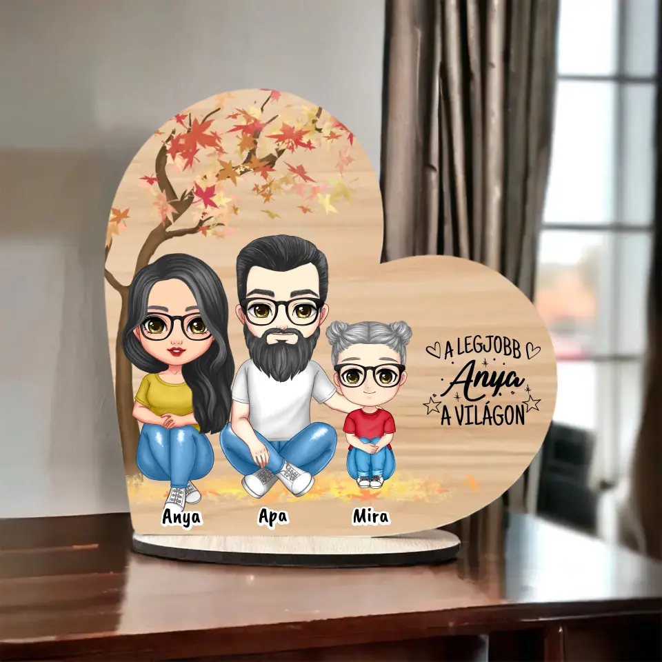 Anyák napi Fa Asztali Dísz - Anya, Apa és akár 3 gyermek  - Személyre szabható karakterekkel