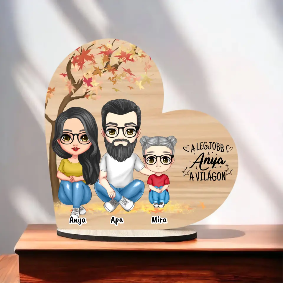 Anyák napi Fa Asztali Dísz - Anya, Apa és akár 3 gyermek  - Személyre szabható karakterekkel