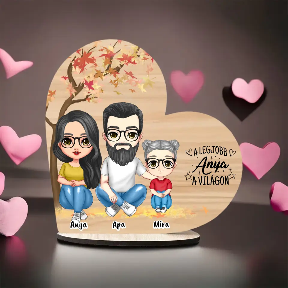 Anyák napi Fa Asztali Dísz - Anya, Apa és akár 3 gyermek  - Személyre szabható karakterekkel