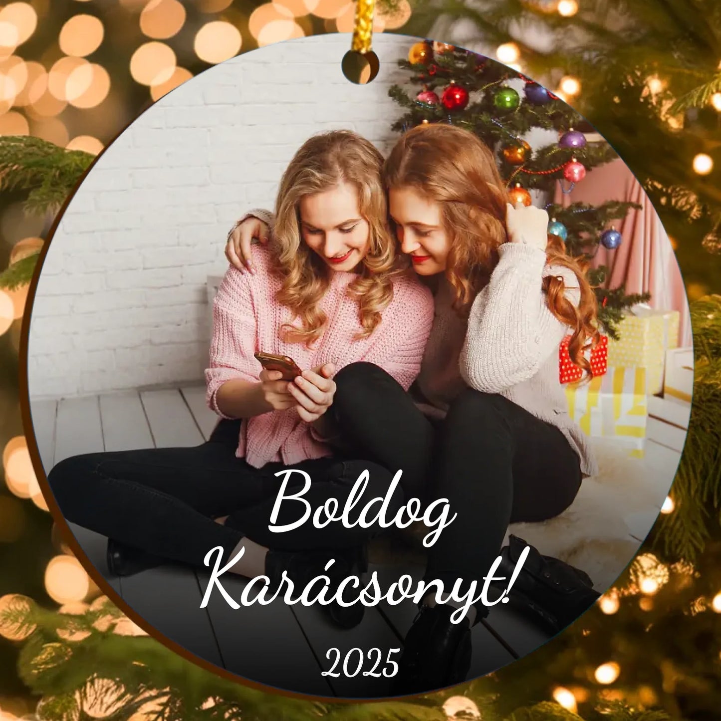 Fényképes Fa Karácsonyfadísz - Egyedi szöveggel