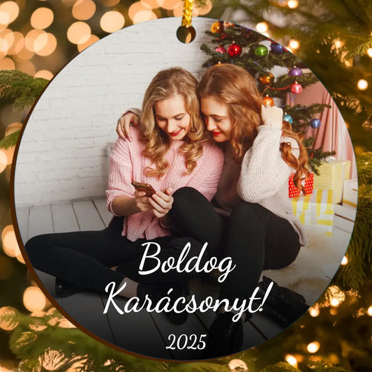 Fényképes Fa Karácsonyfadísz - Egyedi szöveggel